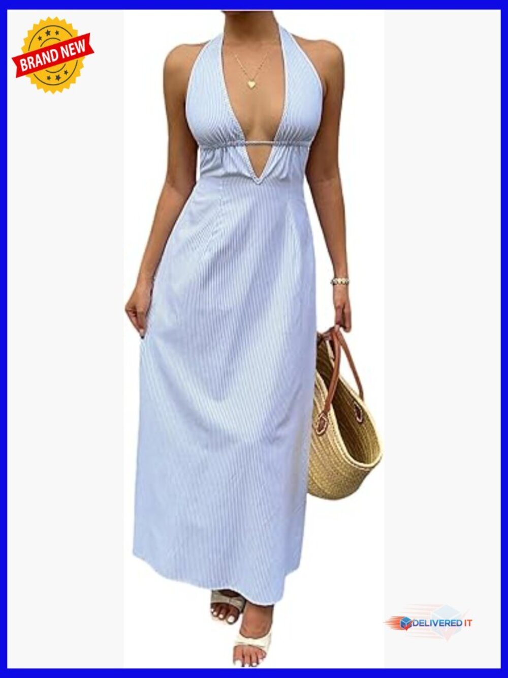 Striped Halter Maxi Dress Backless Cut Out Deep V Neck Summer Beach